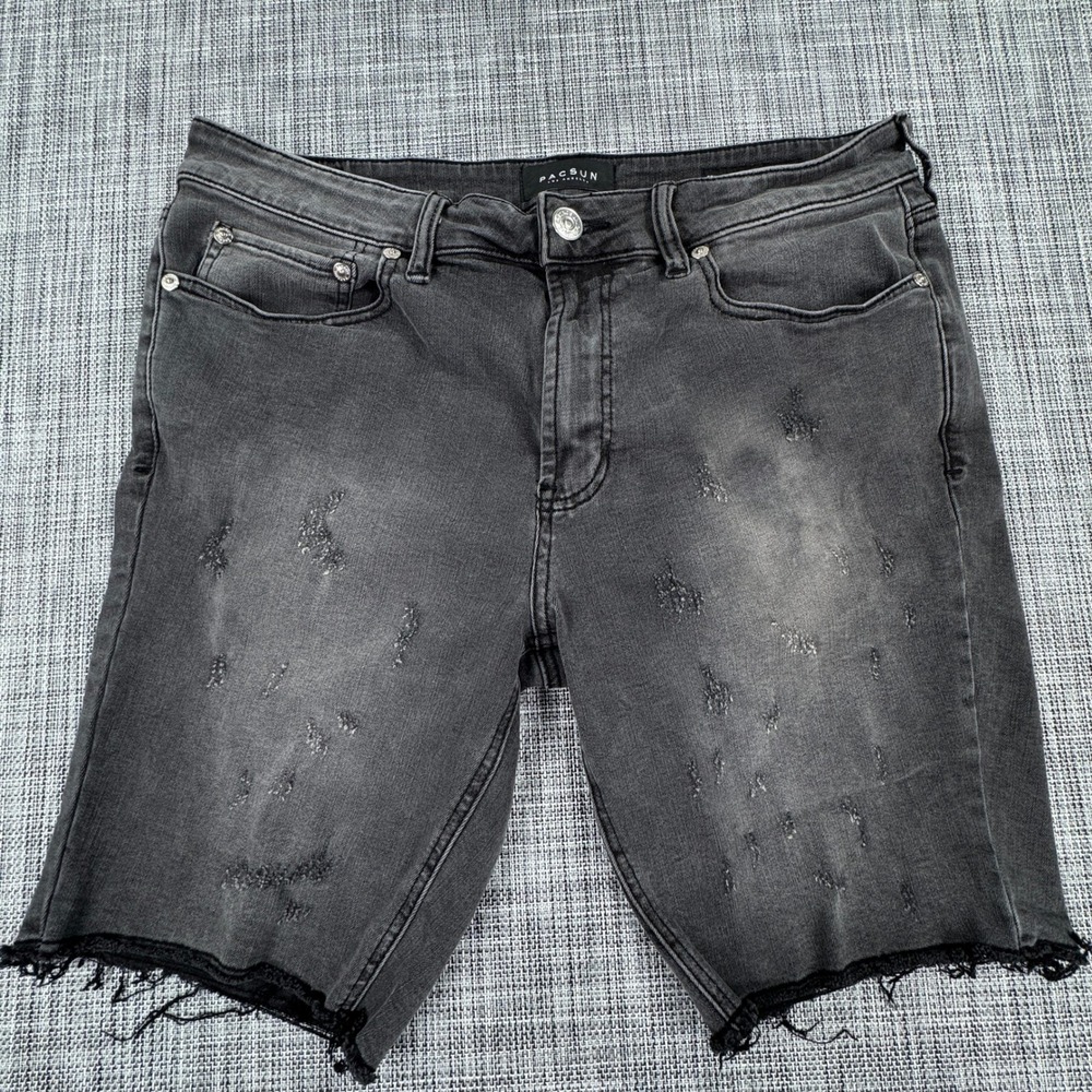 PacSun Mens Skinniest Active Stretch Denim Shorts Gray Distressed W34 Y2K